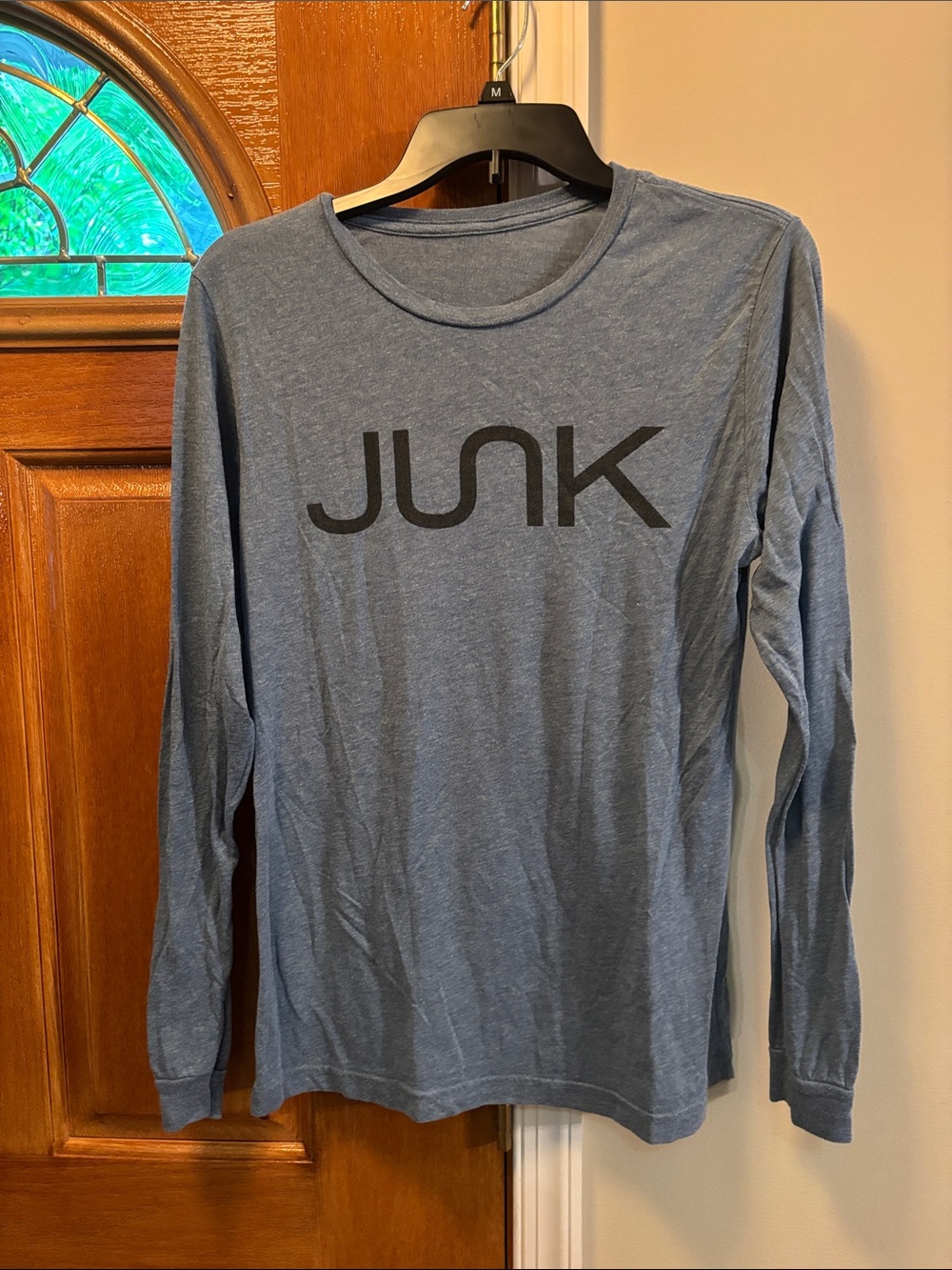 JUNK Men's Long-Sleeve Crewneck Shirt — Heather Blue with Black Logo